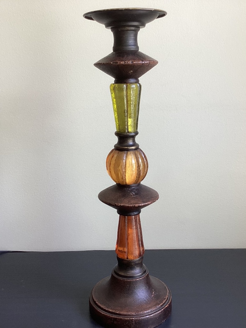 Vintage Bronze and Glass Pillar Candle Holder 18” High and 5” Wide